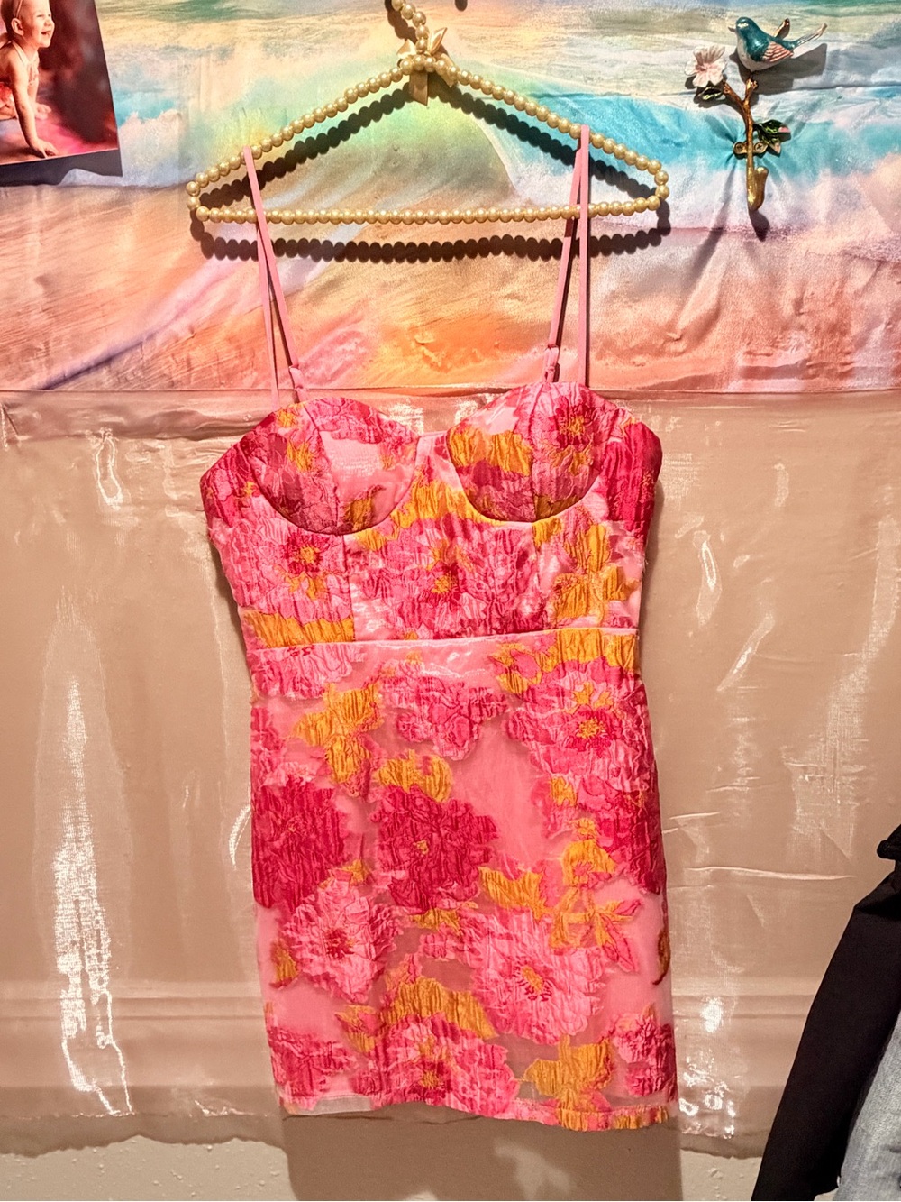 Lulus - Medium Floral Pink & Yellow Lace corset Mini Dress with Spaghetti Straps